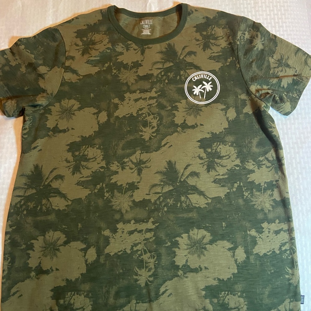 #001 Men’s tee shirt, camo green with palm trees .